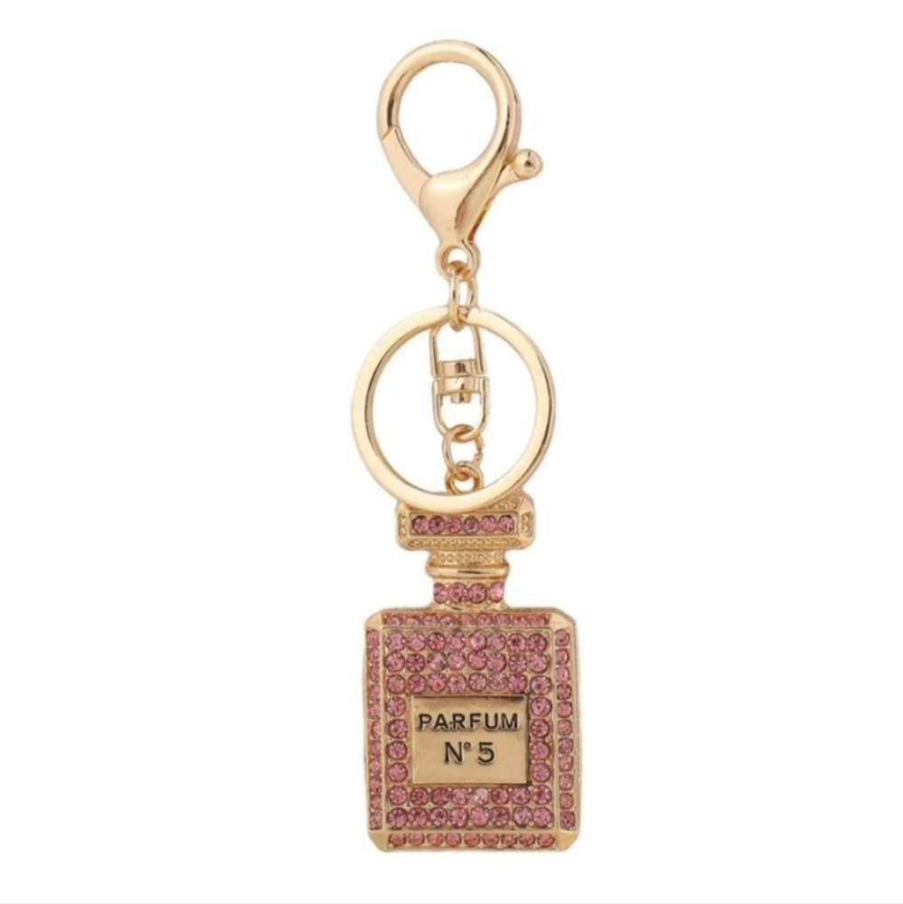 Ladies Womens Pink Rhinestone Perfume Parfum No. 5 Gold Keychain/Bag Charm